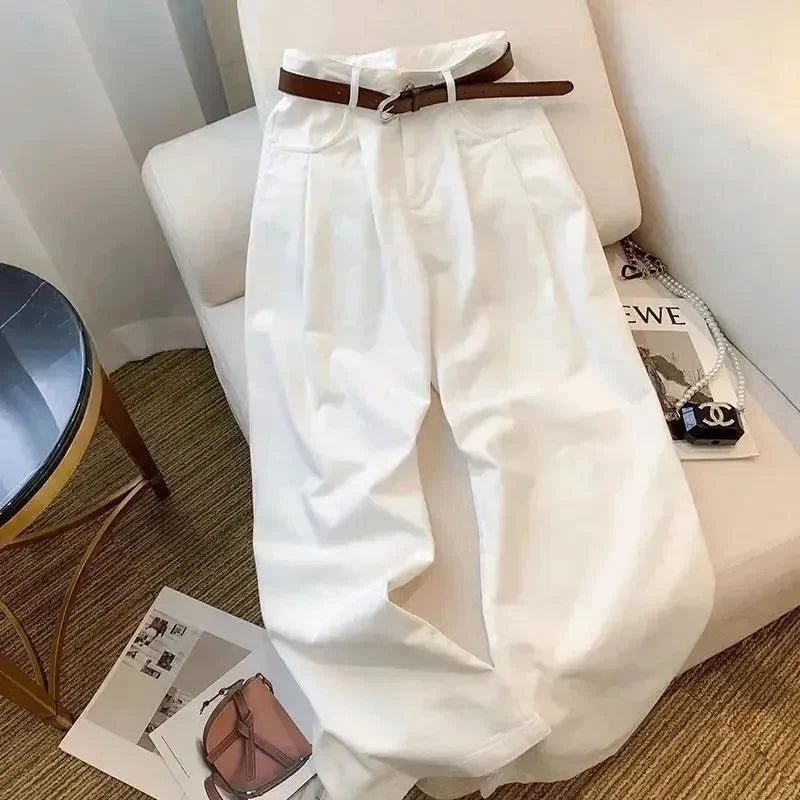 White Wide Leg Jeans High Waist Casual Loose Women's Denim Pants Folded Design Versatile Floor - Length Trousers - American Thistle White Wide Leg Jeans High Waist Casual Loose Women's Denim Pants Folded Design Versatile Floor - Length Trousers