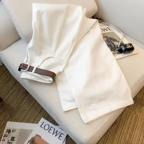 White Wide Leg Jeans High Waist Casual Loose Women's Denim Pants Folded Design Versatile Floor - Length Trousers - American Thistle White Wide Leg Jeans High Waist Casual Loose Women's Denim Pants Folded Design Versatile Floor - Length Trousers