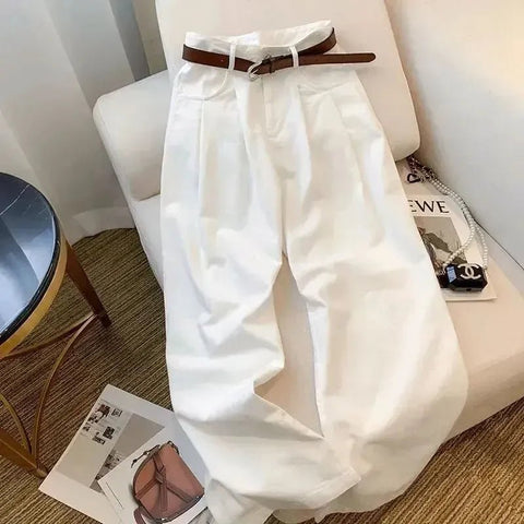White Wide Leg Jeans High Waist Casual Loose Women's Denim Pants Folded Design Versatile Floor - Length Trousers - American Thistle White Wide Leg Jeans High Waist Casual Loose Women's Denim Pants Folded Design Versatile Floor - Length Trousers
