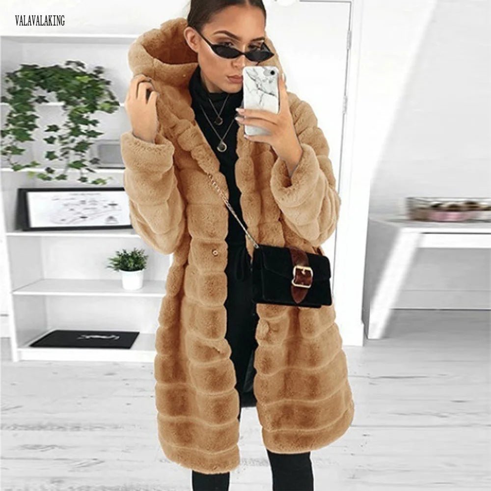 Winter Faux Fur Coat With Hood - American Thistle Winter Faux Fur Coat With Hood