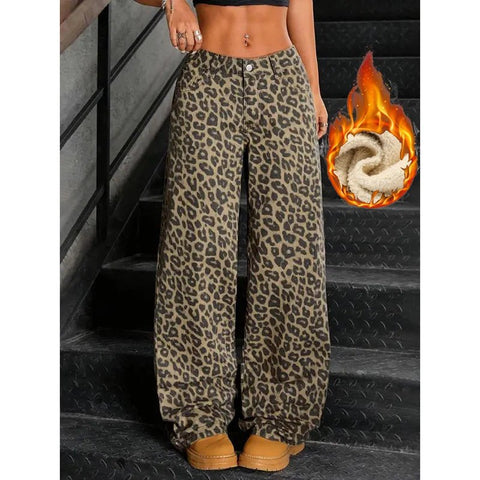 Winter Lady Slim Fit Plush Thermal Jeans Girls Snow Warm Fashion Leopard Print Denim Pants Women Fleece Wide Leg Trousers - American ThistleWinter Lady Slim Fit Plush Thermal Jeans Girls Snow Warm Fashion Leopard Print Denim Pants Women Fleece Wide Leg Trousers