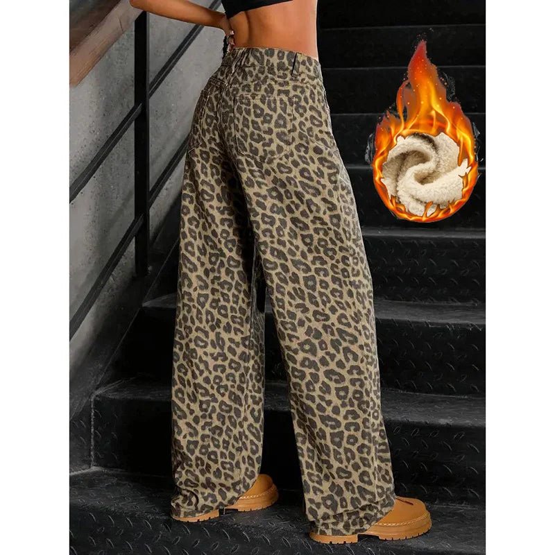Winter Lady Slim Fit Plush Thermal Jeans Girls Snow Warm Fashion Leopard Print Denim Pants Women Fleece Wide Leg Trousers - American ThistleWinter Lady Slim Fit Plush Thermal Jeans Girls Snow Warm Fashion Leopard Print Denim Pants Women Fleece Wide Leg Trousers