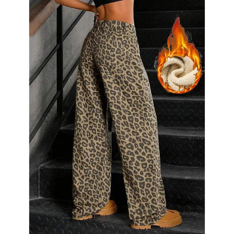 Winter Lady Slim Fit Plush Thermal Jeans Girls Snow Warm Fashion Leopard Print Denim Pants Women Fleece Wide Leg Trousers - American ThistleWinter Lady Slim Fit Plush Thermal Jeans Girls Snow Warm Fashion Leopard Print Denim Pants Women Fleece Wide Leg Trousers