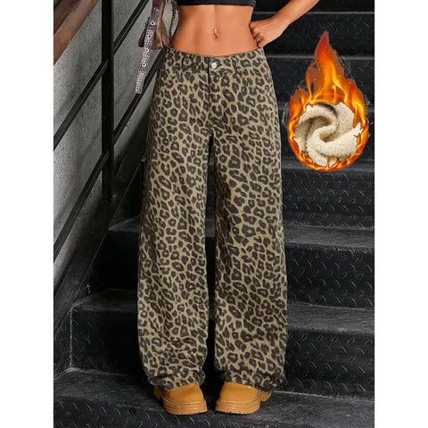 Winter Lady Slim Fit Plush Thermal Jeans Girls Snow Warm Fashion Leopard Print Denim Pants Women Fleece Wide Leg Trousers - American ThistleWinter Lady Slim Fit Plush Thermal Jeans Girls Snow Warm Fashion Leopard Print Denim Pants Women Fleece Wide Leg Trousers