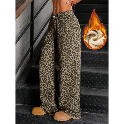 Winter Lady Slim Fit Plush Thermal Jeans Girls Snow Warm Fashion Leopard Print Denim Pants Women Fleece Wide Leg Trousers - American ThistleWinter Lady Slim Fit Plush Thermal Jeans Girls Snow Warm Fashion Leopard Print Denim Pants Women Fleece Wide Leg Trousers