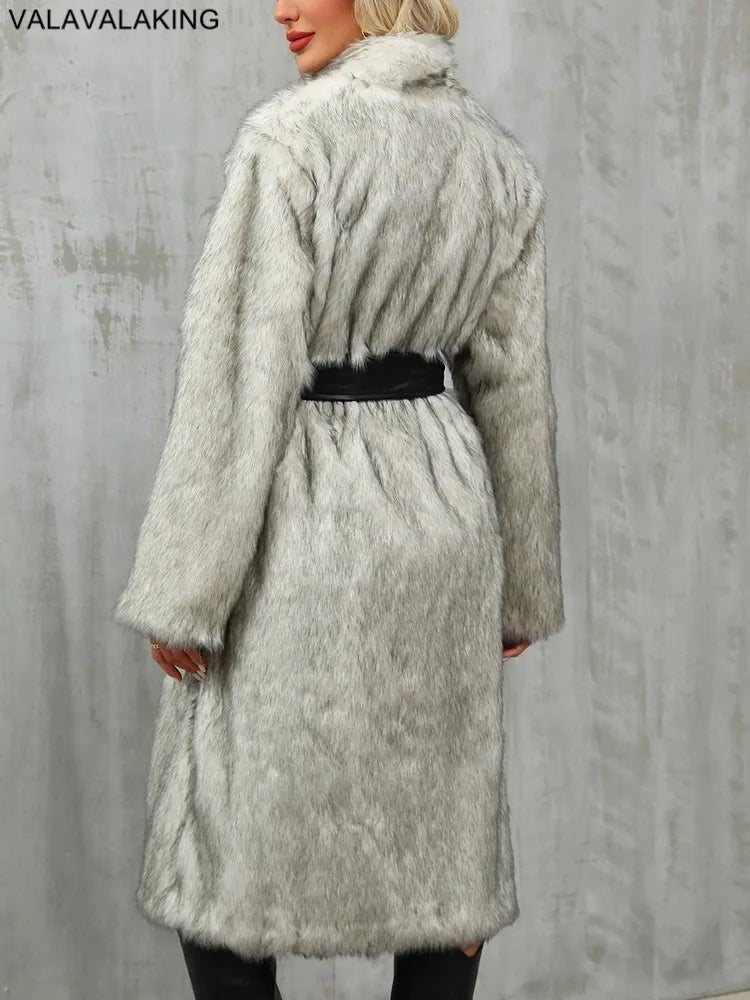 Winter Long Faux Fur Coat Women Fluffy Elegant Long Sleeve Plush Jacket with Black Belt - American Thistle Winter Long Faux Fur Coat Women Fluffy Elegant Long Sleeve Plush Jacket with Black Belt