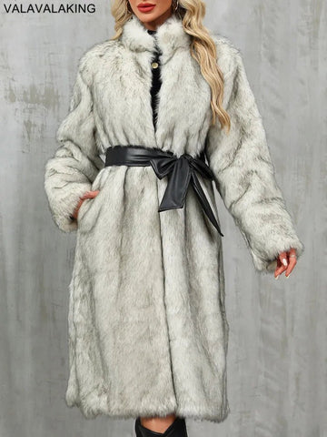 Winter Long Faux Fur Coat Women Fluffy Elegant Long Sleeve Plush Jacket with Black Belt - American Thistle Winter Long Faux Fur Coat Women Fluffy Elegant Long Sleeve Plush Jacket with Black Belt