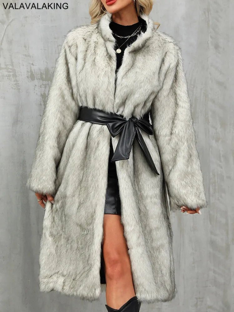 Winter Long Faux Fur Coat Women Fluffy Elegant Long Sleeve Plush Jacket with Black Belt - American Thistle Winter Long Faux Fur Coat Women Fluffy Elegant Long Sleeve Plush Jacket with Black Belt