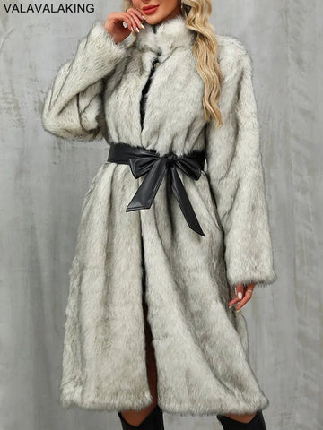 Winter Long Faux Fur Coat Women Fluffy Elegant Long Sleeve Plush Jacket with Black Belt - American Thistle Winter Long Faux Fur Coat Women Fluffy Elegant Long Sleeve Plush Jacket with Black Belt