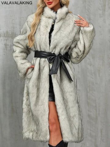 Winter Long Faux Fur Coat Women Fluffy Elegant Long Sleeve Plush Jacket with Black Belt - American Thistle Winter Long Faux Fur Coat Women Fluffy Elegant Long Sleeve Plush Jacket with Black Belt