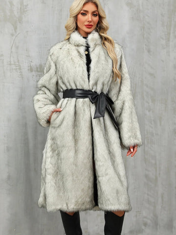 Winter Long Faux Fur Coat Women Fluffy Elegant Long Sleeve Plush Jacket with Black Belt - American Thistle Winter Long Faux Fur Coat Women Fluffy Elegant Long Sleeve Plush Jacket with Black Belt