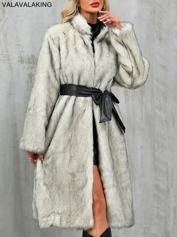 Winter Long Faux Fur Coat Women Fluffy Elegant Long Sleeve Plush Jacket with Black Belt - American Thistle Winter Long Faux Fur Coat Women Fluffy Elegant Long Sleeve Plush Jacket with Black Belt