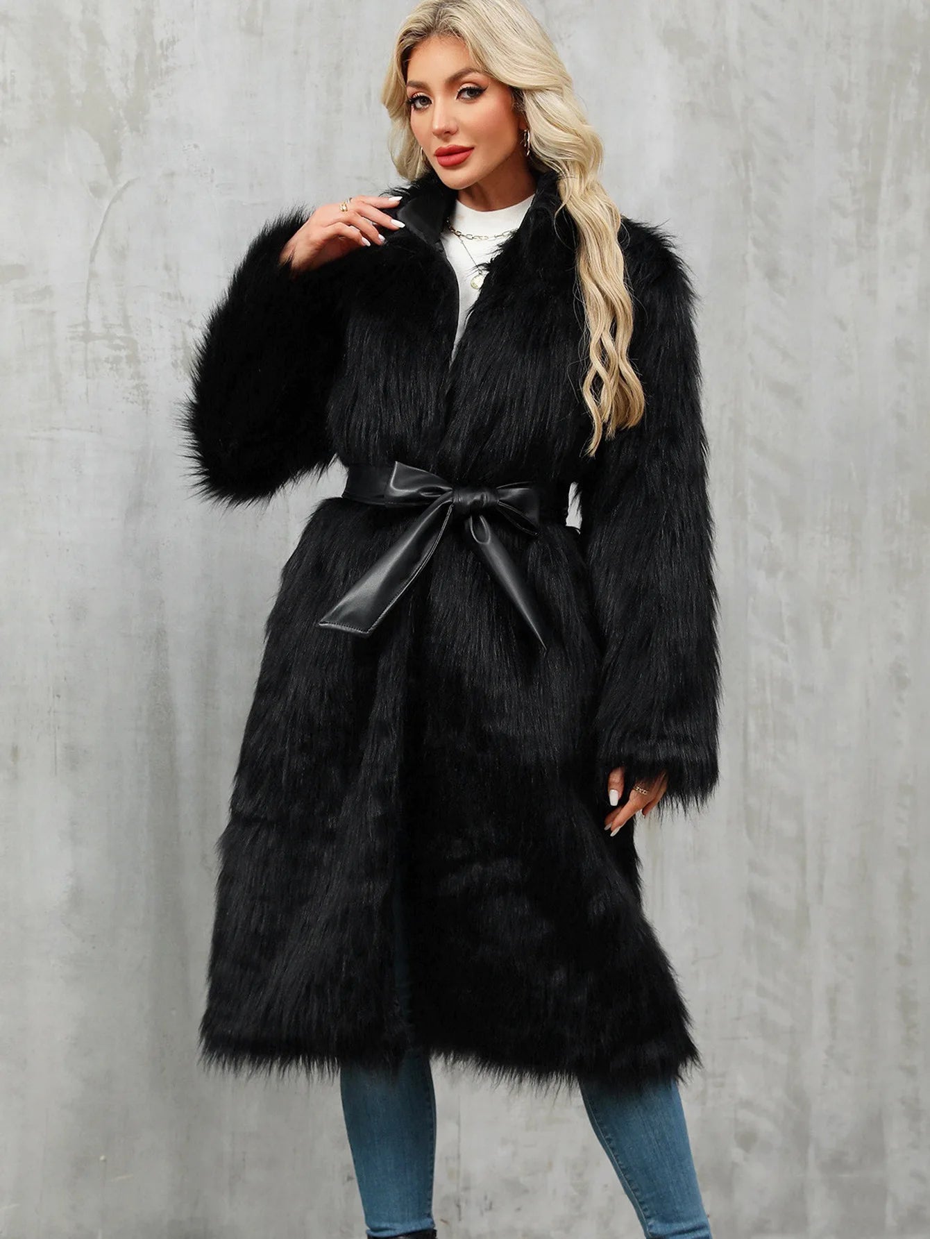 Winter Long Faux Fur Coat Women Fluffy Elegant Long Sleeve Plush Jacket with Black Belt - American Thistle Winter Long Faux Fur Coat Women Fluffy Elegant Long Sleeve Plush Jacket with Black Belt