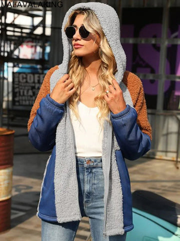 Winter Patchwork Women Jacket Thick Plush Hooded Warm Long Sleeve Coat Zipper Soft Loose Cardigan - American Thistle Winter Patchwork Women Jacket Thick Plush Hooded Warm Long Sleeve Coat Zipper Soft Loose Cardigan