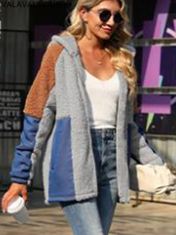 Winter Patchwork Women Jacket Thick Plush Hooded Warm Long Sleeve Coat Zipper Soft Loose Cardigan - American Thistle Winter Patchwork Women Jacket Thick Plush Hooded Warm Long Sleeve Coat Zipper Soft Loose Cardigan