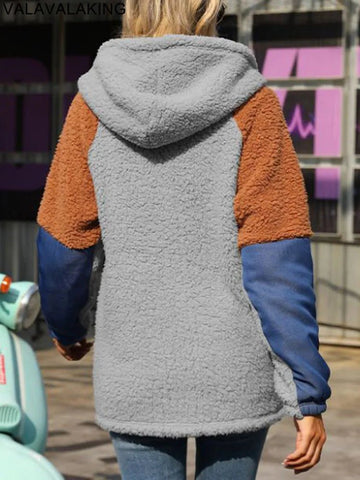 Winter Patchwork Women Jacket Thick Plush Hooded Warm Long Sleeve Coat Zipper Soft Loose Cardigan - American Thistle Winter Patchwork Women Jacket Thick Plush Hooded Warm Long Sleeve Coat Zipper Soft Loose Cardigan