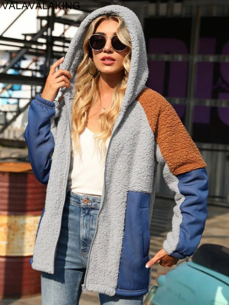 Winter Patchwork Women Jacket Thick Plush Hooded Warm Long Sleeve Coat Zipper Soft Loose Cardigan - American Thistle Winter Patchwork Women Jacket Thick Plush Hooded Warm Long Sleeve Coat Zipper Soft Loose Cardigan