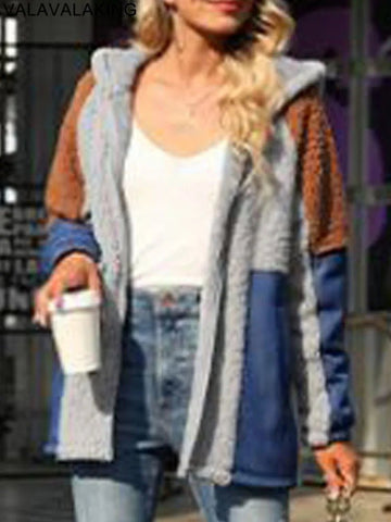 Winter Patchwork Women Jacket Thick Plush Hooded Warm Long Sleeve Coat Zipper Soft Loose Cardigan - American Thistle Winter Patchwork Women Jacket Thick Plush Hooded Warm Long Sleeve Coat Zipper Soft Loose Cardigan