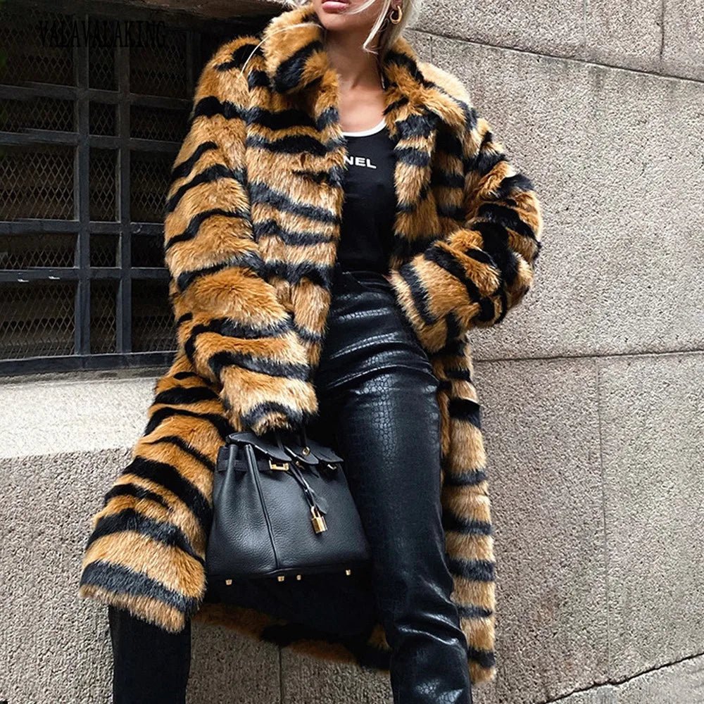 Winter Plus Size Faux Fur Long Coat Women Tiger Long Sleeve Fluffy Jacket Ladies Large Thick Warm Furry Cardigan Outwear - American Thistle Winter Plus Size Faux Fur Long Coat Women Tiger Long Sleeve Fluffy Jacket Ladies Large Thick Warm Furry Cardigan Outwear