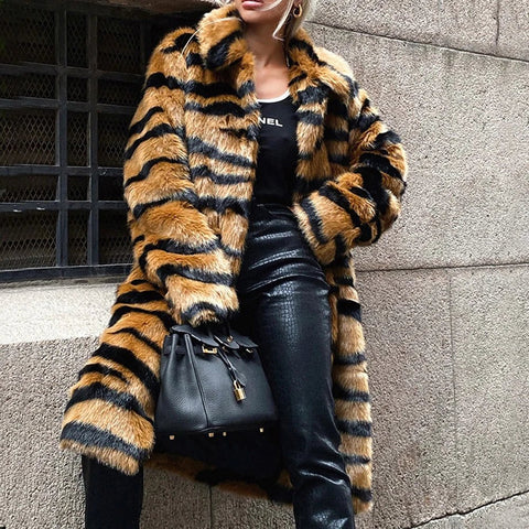 Winter Plus Size Faux Fur Long Coat Women Tiger Long Sleeve Fluffy Jacket Ladies Large Thick Warm Furry Cardigan Outwear - American Thistle Winter Plus Size Faux Fur Long Coat Women Tiger Long Sleeve Fluffy Jacket Ladies Large Thick Warm Furry Cardigan Outwear