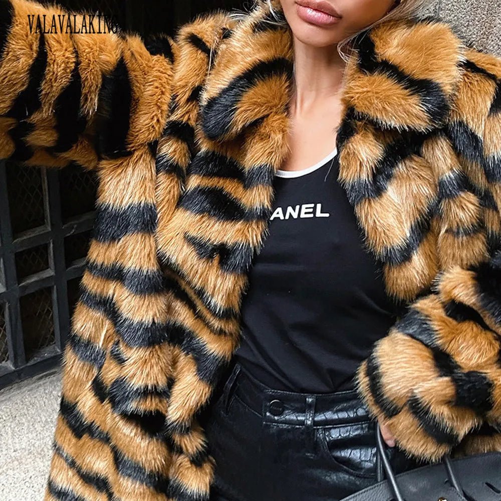 Winter Plus Size Faux Fur Long Coat Women Tiger Long Sleeve Fluffy Jacket Ladies Large Thick Warm Furry Cardigan Outwear - American Thistle Winter Plus Size Faux Fur Long Coat Women Tiger Long Sleeve Fluffy Jacket Ladies Large Thick Warm Furry Cardigan Outwear