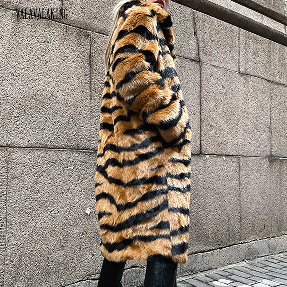 Winter Plus Size Faux Fur Long Coat Women Tiger Long Sleeve Fluffy Jacket Ladies Large Thick Warm Furry Cardigan Outwear - American Thistle Winter Plus Size Faux Fur Long Coat Women Tiger Long Sleeve Fluffy Jacket Ladies Large Thick Warm Furry Cardigan Outwear