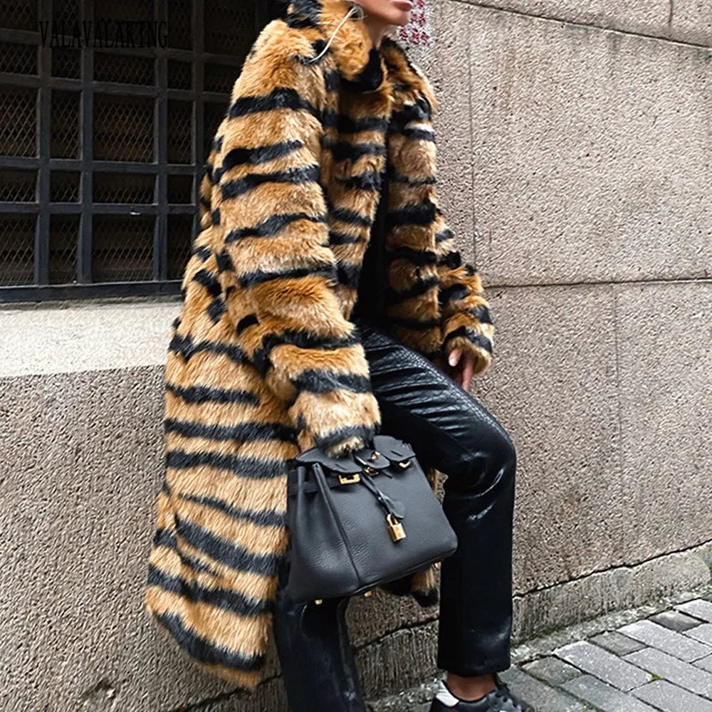 Winter Plus Size Faux Fur Long Coat Women Tiger Long Sleeve Fluffy Jacket Ladies Large Thick Warm Furry Cardigan Outwear - American Thistle Winter Plus Size Faux Fur Long Coat Women Tiger Long Sleeve Fluffy Jacket Ladies Large Thick Warm Furry Cardigan Outwear