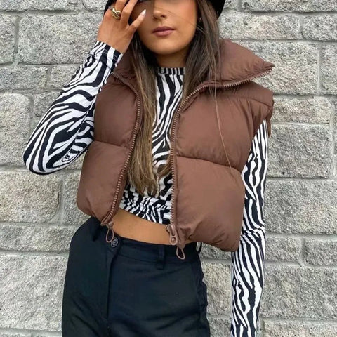 Winter Short Down Sleeveless Puffer Vest Women Warm Stand Collar Zipper Jacket Casual - American Thistle Winter Short Down Sleeveless Puffer Vest Women Warm Stand Collar Zipper Jacket Casual