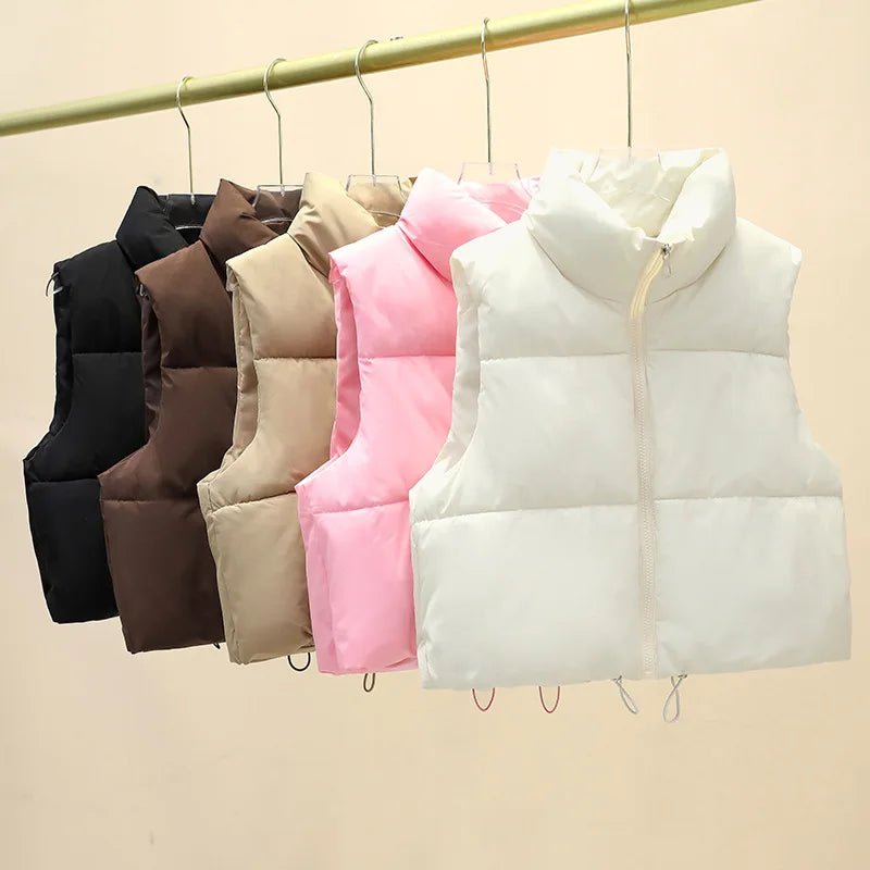 Winter Short Down Sleeveless Puffer Vest Women Warm Stand Collar Zipper Jacket Casual - American Thistle Winter Short Down Sleeveless Puffer Vest Women Warm Stand Collar Zipper Jacket Casual