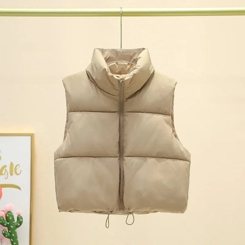Winter Short Down Sleeveless Puffer Vest Women Warm Stand Collar Zipper Jacket Casual - American Thistle Winter Short Down Sleeveless Puffer Vest Women Warm Stand Collar Zipper Jacket Casual