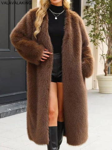 Winter Solid Faux Fur Long Coat For Women Fluffy Long Sleeve Plush Jacket - American Thistle Winter Solid Faux Fur Long Coat For Women Fluffy Long Sleeve Plush Jacket