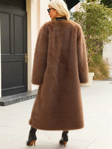 Winter Solid Faux Fur Long Coat For Women Fluffy Long Sleeve Plush Jacket - American Thistle Winter Solid Faux Fur Long Coat For Women Fluffy Long Sleeve Plush Jacket