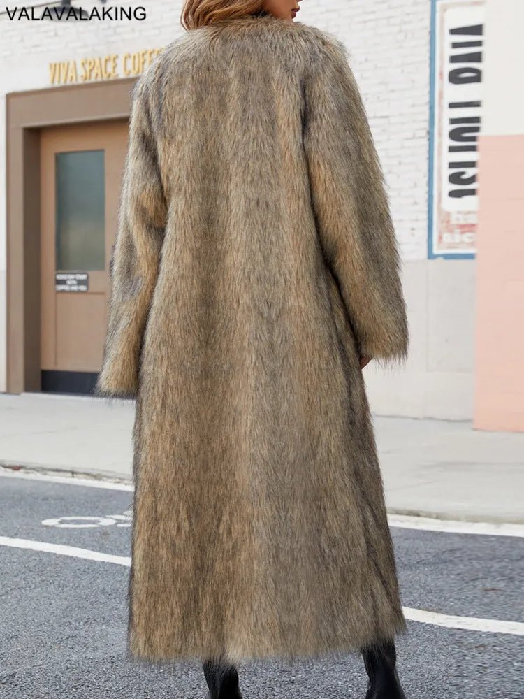 Winter Solid Faux Fur Long Coat For Women Fluffy Long Sleeve Plush Jacket - American Thistle Winter Solid Faux Fur Long Coat For Women Fluffy Long Sleeve Plush Jacket