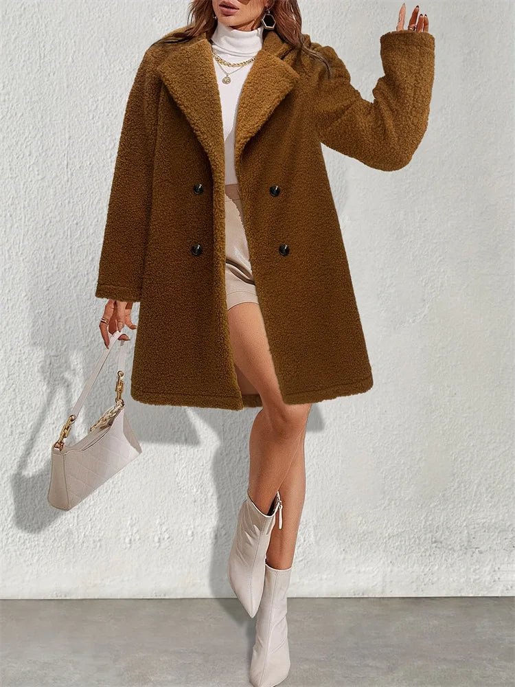 Winter Women Long Jacket Female Plush Long Sleeve Solid Elegant Brown Thick Warm Co - American Thistle Winter Women Long Jacket Female Plush Long Sleeve Solid Elegant Brown Thick Warm Co
