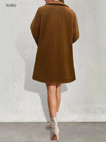 Winter Women Long Jacket Female Plush Long Sleeve Solid Elegant Brown Thick Warm Co - American Thistle Winter Women Long Jacket Female Plush Long Sleeve Solid Elegant Brown Thick Warm Co