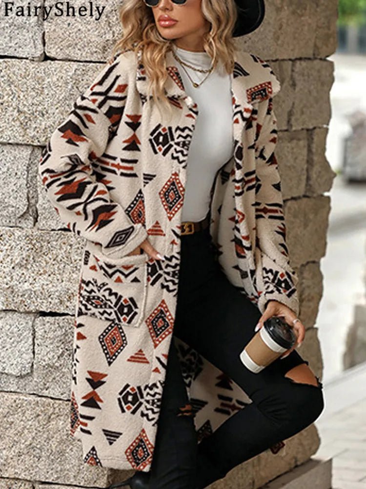 Winter Women Long Jacket Thick Plush Long Sleeve WarmTurn Down Collar Tribal Print Pocket Coat - American ThistleWinter Women Long Jacket Thick Plush Long Sleeve WarmTurn Down Collar Tribal Print Pocket Coat