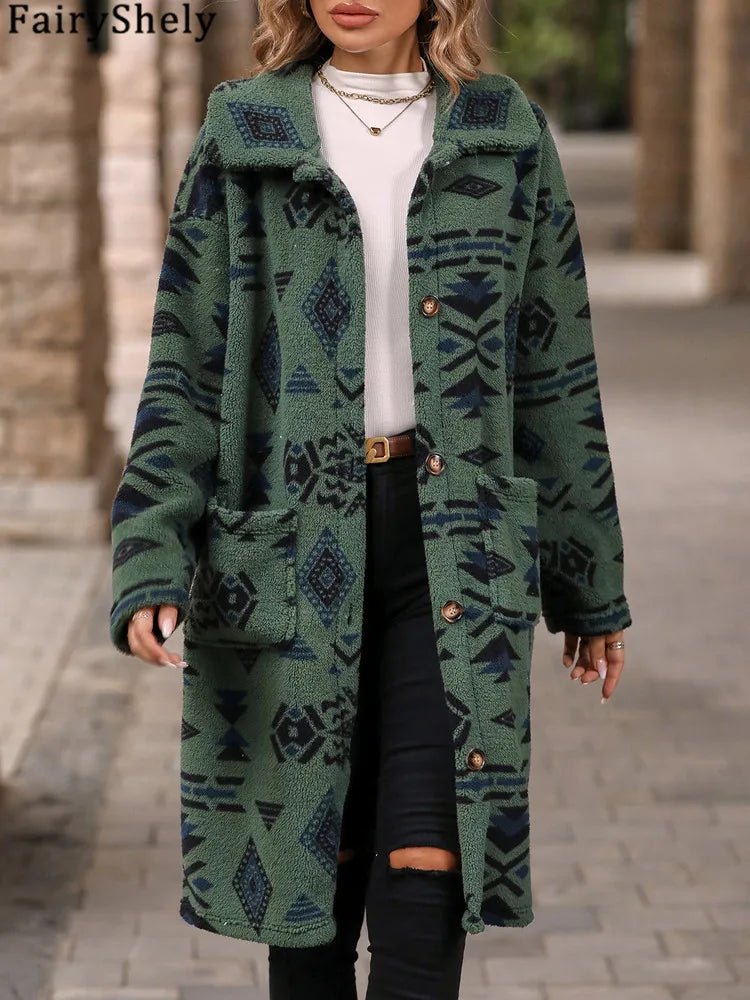 Winter Women Long Jacket Thick Plush Long Sleeve WarmTurn Down Collar Tribal Print Pocket Coat - American ThistleWinter Women Long Jacket Thick Plush Long Sleeve WarmTurn Down Collar Tribal Print Pocket Coat