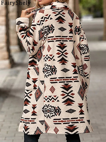 Winter Women Long Jacket Thick Plush Long Sleeve WarmTurn Down Collar Tribal Print Pocket Coat - American ThistleWinter Women Long Jacket Thick Plush Long Sleeve WarmTurn Down Collar Tribal Print Pocket Coat