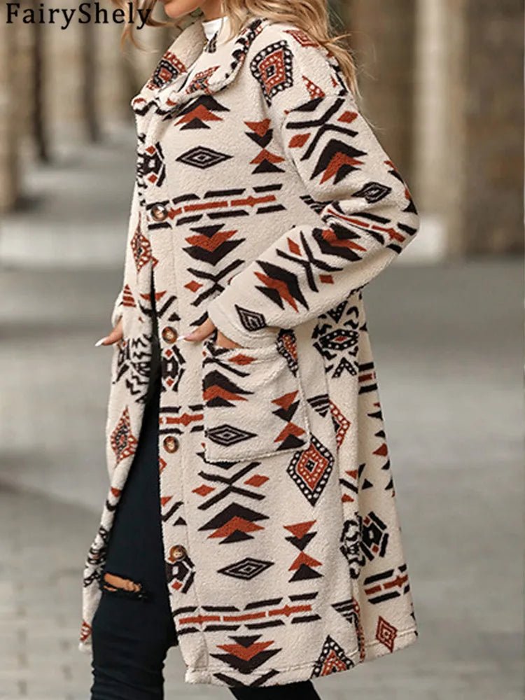 Winter Women Long Jacket Thick Plush Long Sleeve WarmTurn Down Collar Tribal Print Pocket Coat - American ThistleWinter Women Long Jacket Thick Plush Long Sleeve WarmTurn Down Collar Tribal Print Pocket Coat
