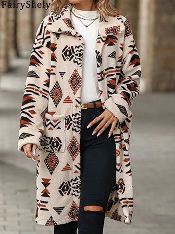 Winter Women Long Jacket Thick Plush Long Sleeve WarmTurn Down Collar Tribal Print Pocket Coat - American ThistleWinter Women Long Jacket Thick Plush Long Sleeve WarmTurn Down Collar Tribal Print Pocket Coat