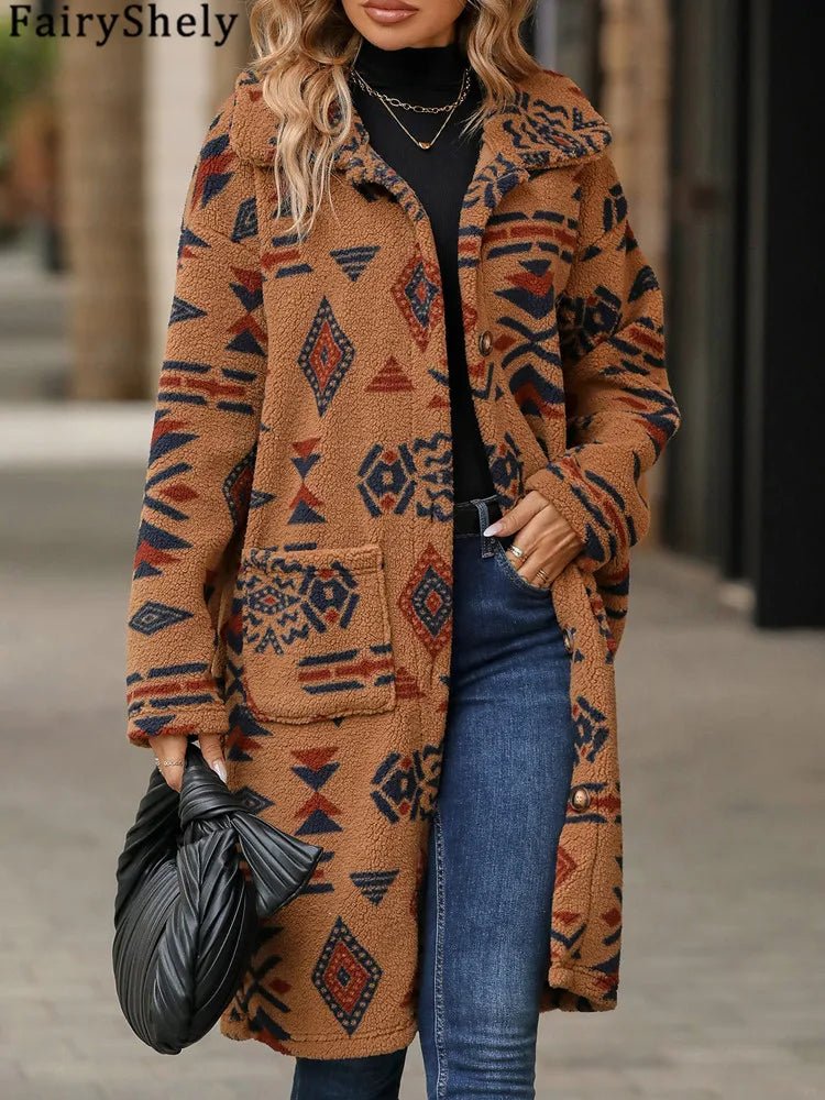 Winter Women Long Jacket Thick Plush Long Sleeve WarmTurn Down Collar Tribal Print Pocket Coat - American ThistleWinter Women Long Jacket Thick Plush Long Sleeve WarmTurn Down Collar Tribal Print Pocket Coat