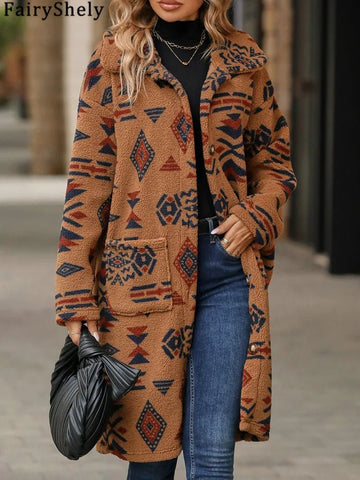 Winter Women Long Jacket Thick Plush Long Sleeve WarmTurn Down Collar Tribal Print Pocket Coat - American ThistleWinter Women Long Jacket Thick Plush Long Sleeve WarmTurn Down Collar Tribal Print Pocket Coat