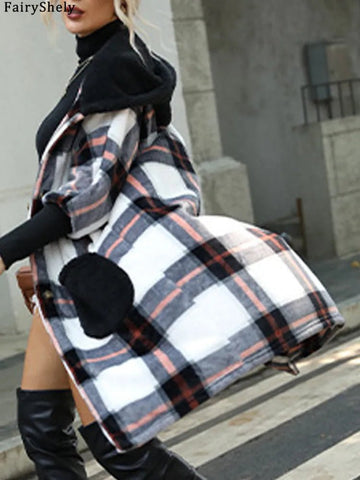 Winter Women Plaid Jacket Thick Warm Long Sleeve Hooded Long Coat - American Thistle Winter Women Plaid Jacket Thick Warm Long Sleeve Hooded Long Coat