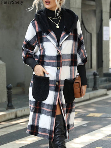Winter Women Plaid Jacket Thick Warm Long Sleeve Hooded Long Coat - American Thistle Winter Women Plaid Jacket Thick Warm Long Sleeve Hooded Long Coat