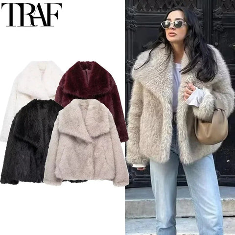 Woman's Autumn Winter Faux Fur Coat Plush Fluffy Women's Jacket New in Outerwears White Red Gray Black Wool Blends Coats - American Thistle Woman's Autumn Winter Faux Fur Coat Plush Fluffy Women's Jacket New in Outerwears White Red Gray Black Wool Blends Coats