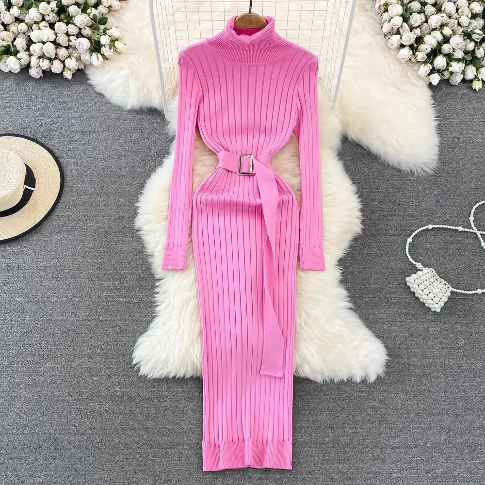 Woman's Autumn/Winter Knit Sweater Long Dress Elegant High - waisted Belt - American Thistle Woman's Autumn/Winter Knit Sweater Long Dress Elegant High - waisted Belt