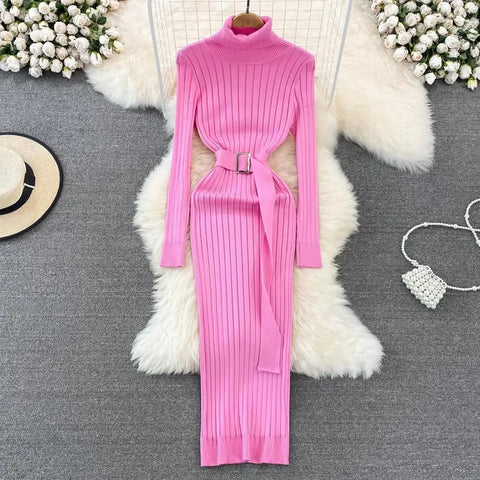 Woman's Autumn/Winter Knit Sweater Long Dress Elegant High - waisted Belt - American Thistle Woman's Autumn/Winter Knit Sweater Long Dress Elegant High - waisted Belt