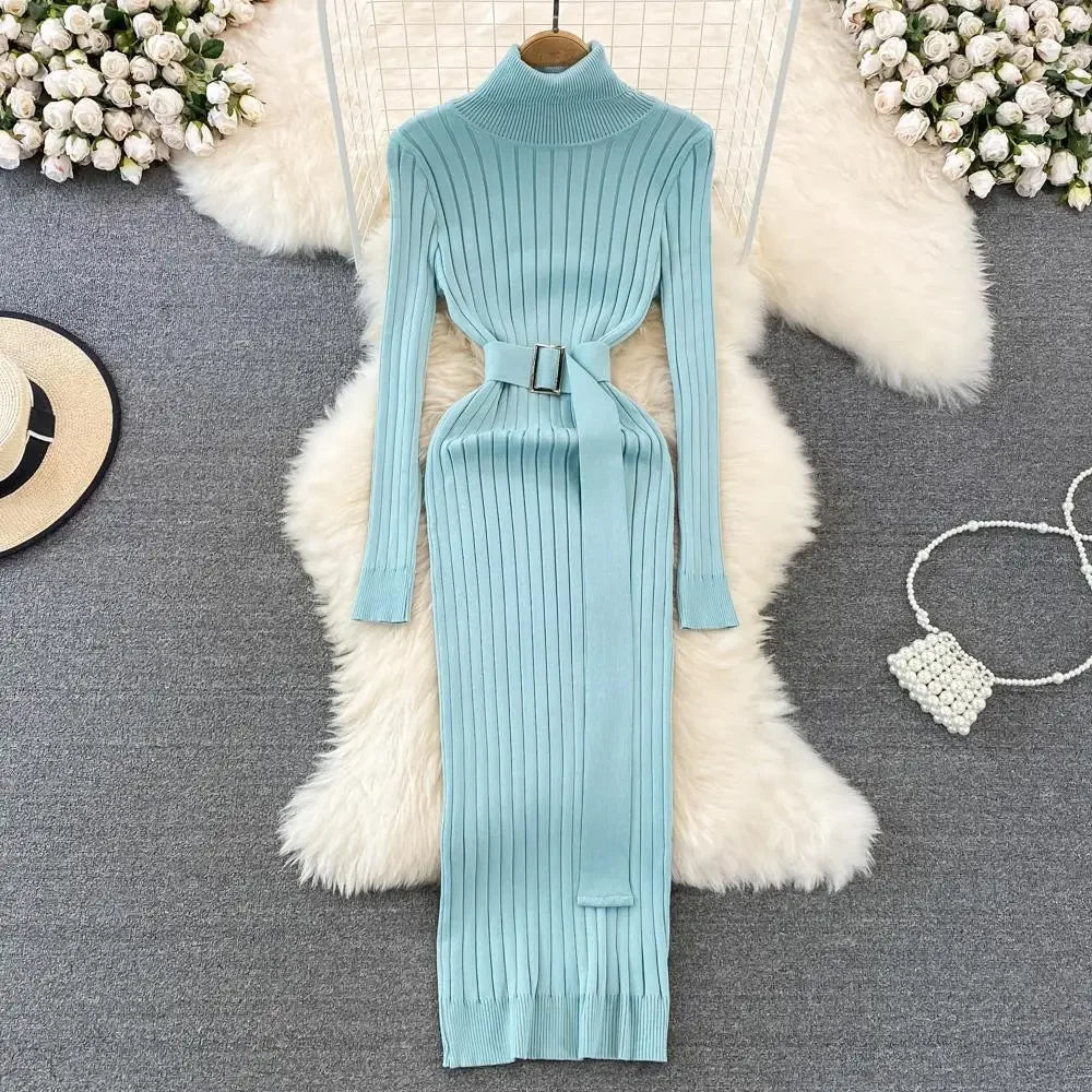 Woman's Autumn/Winter Knit Sweater Long Dress Elegant High - waisted Belt - American Thistle Woman's Autumn/Winter Knit Sweater Long Dress Elegant High - waisted Belt