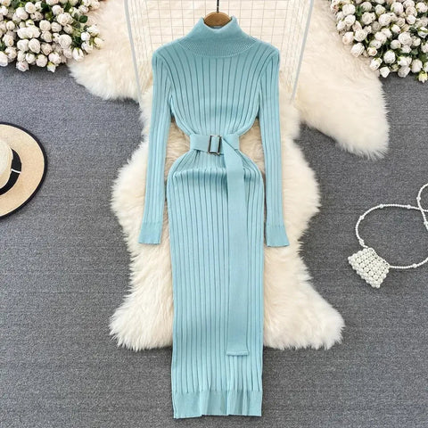 Woman's Autumn/Winter Knit Sweater Long Dress Elegant High - waisted Belt - American Thistle Woman's Autumn/Winter Knit Sweater Long Dress Elegant High - waisted Belt