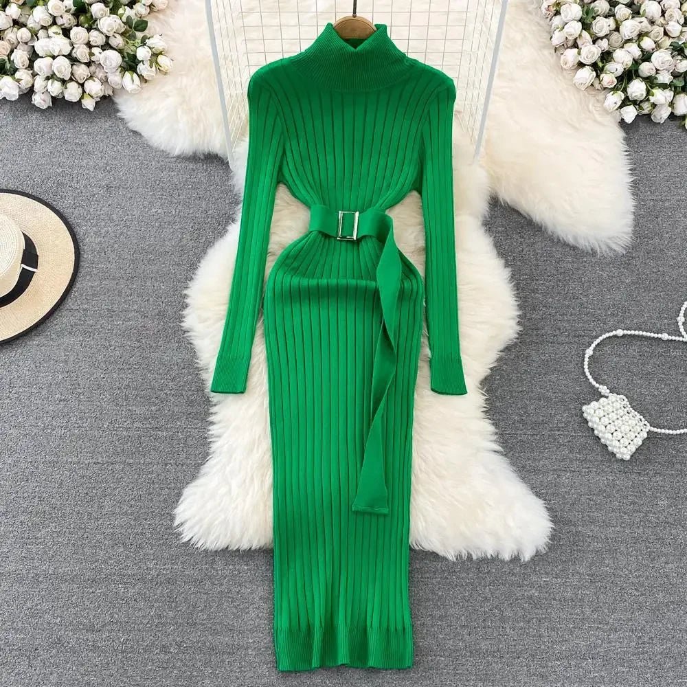 Woman's Autumn/Winter Knit Sweater Long Dress Elegant High - waisted Belt - American Thistle Woman's Autumn/Winter Knit Sweater Long Dress Elegant High - waisted Belt
